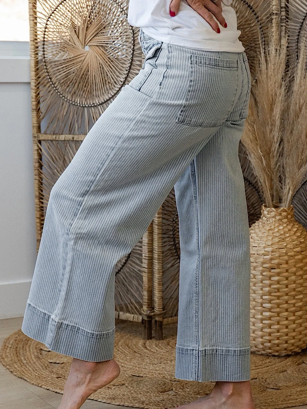 🩵Hello Gorgeous! Cute Striped Wide-Leg Cropped Jeans Light Blue